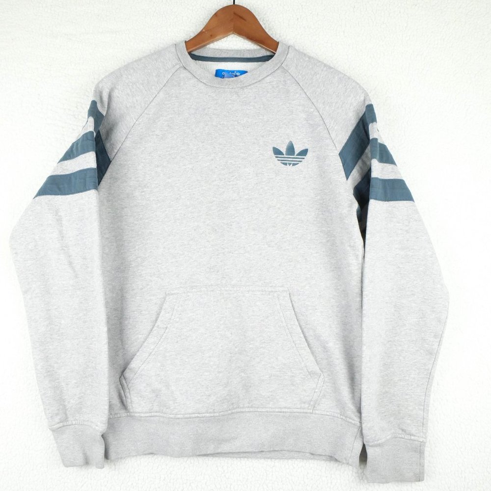 Adidas Trefoil Sweater Womens Small Gray Blue Striped Pullover Crew Sweatshirt